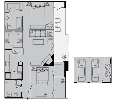 Floor plan for 2 beds, 2 baths, 1045 sqft